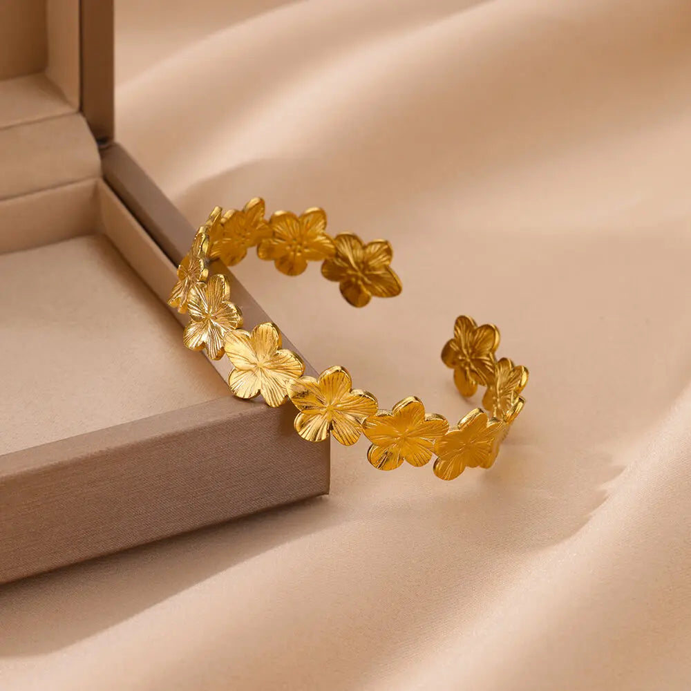 Flower Cuff Bracelet Bangle for Women Gold Color Flora Stainless Steel Bangles Casting Aesthetic Couple Wrist Jewelry Pulseras